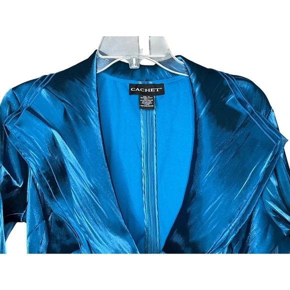 Cachet Blue Teal Satin Surplice Evening Blouse Ruched Waist 3/4 Sleeve Size 14 - Picture 6 of 10